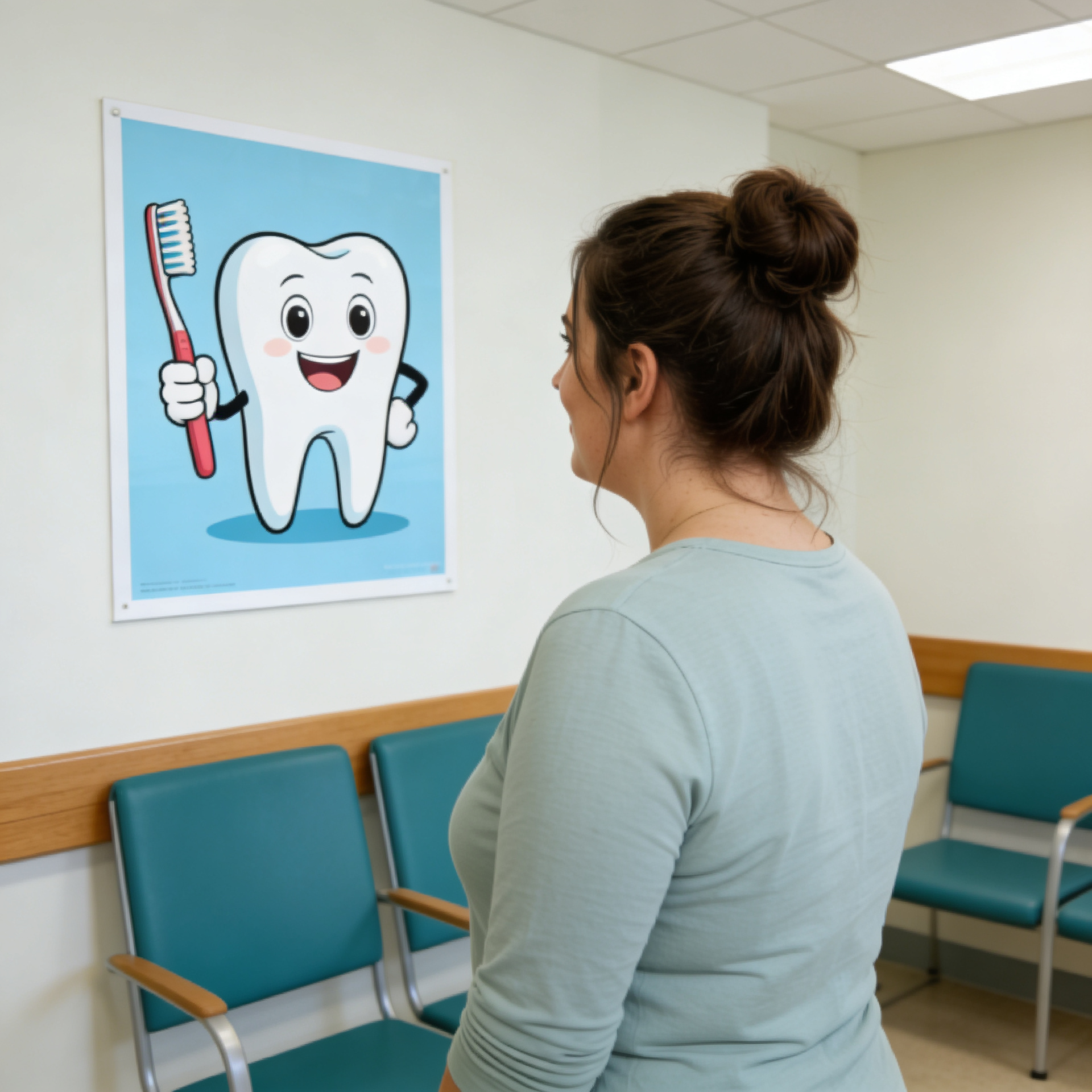 A woman looking at a poster in a dental office